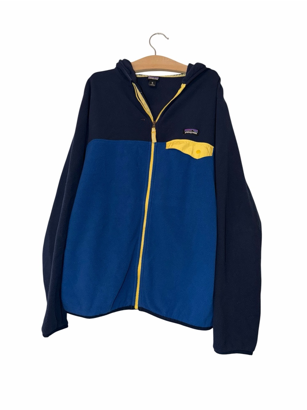 Patagonia Kids' Micro D Snap-T Jacket Navy & Yellow Hooded Fleece sz XL 14